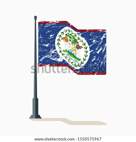 Belize flag with scratches, vector flag of Belize waving on flagpole with shadow.