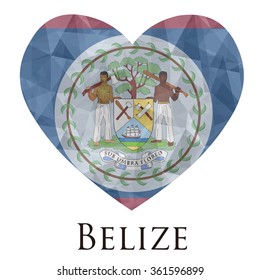 Belize flag shape heart in geometric rumpled triangular low poly origami style graphic illustration,mosaic polygonal style.Symbol of love to country.Retro or vintage style background.