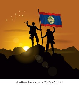 Belize flag, silhouette of two climbers holding flags at sunset