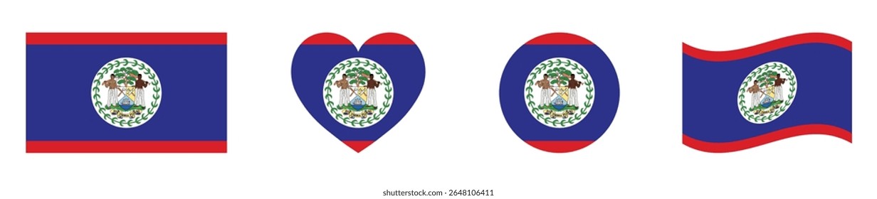 Belize flags set in square, heart, circle and waving formats designs element. Belize flags collection. Set of Belize flags icons isolated on white background. Vector illustration.