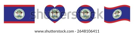 Belize flags set in square, heart, circle and waving formats designs element. Belize flags collection. Set of Belize flags icons isolated on white background. Vector illustration.