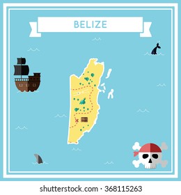 Belize flat treasure map. Colorful cartoon treasure map of Belize with flat icons of pirate ship, jolly roger, treasure chest and banner ribbon. Flat design vector illustration.