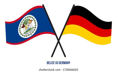 Belize und Deutschland Flaggen überquert und schwingen flach Stil. Offizieller Anteil. Korrigieren Sie die Farben.
