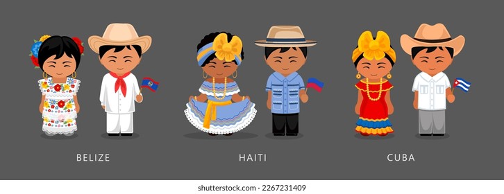 Belize, Haiti, Kuba ethnische Kostüme. Frauen mit traditionellem Kleid, Mann mit nationaler Flagge. lateinamerikanisches Paar. Vektorflache Illustration.