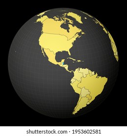 Belize highlighted on a dark globe with a yellow world map. Satellite world projection centered on Belize. Trendy vector illustration.