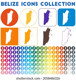 Belize icons collection. Bright colorful trendy map icons. Modern Belize badge with country map. Vector illustration.
