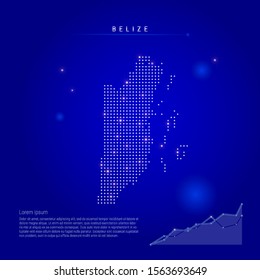 Belize illuminated map with glowing dots. Infographics elements. Dark blue space background. Vector illustration. Growing chart, lorem ipsum text.
