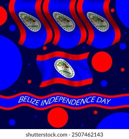 Belize Independence Day event banner.  Belize flag flying on dark blue background to celebrate on September 21st