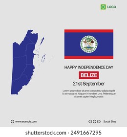 Belize Independence Day Social Media Banner, Editable Vector Design with Map and Flag