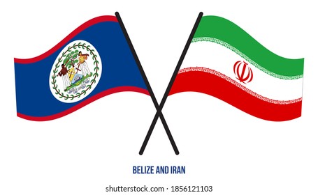 Belize und Iran Flaggen überquert und schwingen Flat Style. Offizieller Anteil. Korrigieren Sie Farben.
