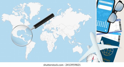 Belize is magnified over a World Map, illustration with airplane, passport, boarding pass, compass and eyeglasses. Vector illustration.