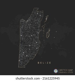 Belize map abstract geometric mesh polygonal light concept with black and white glowing contour lines countries and dots on dark background. Vector illustration.