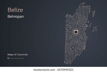 Belize Map with a capital of Belmopan Shown in a Microchip Pattern with processor. E-government. World Countries vector maps. Microchip Series	