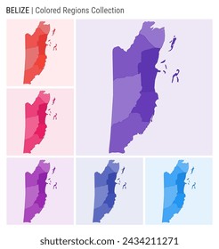 Belize map collection. Country shape with colored regions. Deep Purple, Red, Pink, Purple, Indigo, Blue color palettes. Border of Belize with provinces for your infographic. Vector illustration.