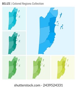 Belize map collection. Country shape with colored regions. Light blue, cyan, teal, green, light green, lime color palettes. Border of Belize with provinces for your infographic. Vector illustration.
