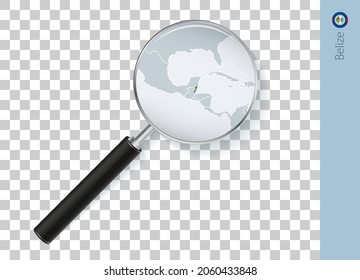 Belize map with flag in magnifying glass on transparent background. Vector loupe with map.