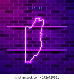 Belize map glowing neon lamp sign. Realistic vector illustration. Country name plate. Purple brick wall, violet glow, metal holders.