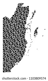 Belize map mosaic of dollar symbols and sphere spots in various sizes. Abstract vector investment and GDP Belize map. Dollar symbols and round dots are formed into geographic scheme design concept.