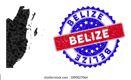 Belize map polygonal mesh with filled triangles, and scratched bicolor stamp seal. Triangle mosaic Belize map with triangular vector model, triangles have different sizes, and positions,