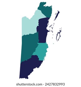 Belize map. Map of Belize in six main regions in multicolor