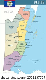 Novo 2024 Colorido - Personalizável em camadas mapa político de Belize com divisões administrativas para site, educação, relatórios, notícias, política, impressão, cartaz e papel de parede