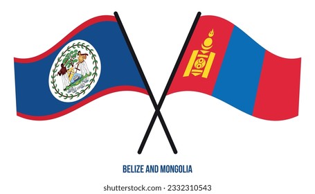 Belize and Mongolia Flags Crossed And Waving Flat Style. Official Proportion. Correct Colors.