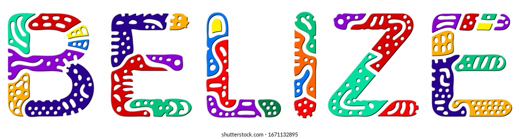 Belize. Multicolored bright contrast isolate inscription. Colored curves doodle letters. Belize for print on clothing, t-shirt, souvenir, booklet, banner, flyer, cards, satchel. Stock vector picture.