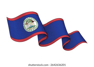 Belize national flag waving ribbon shape with engraved vintage texture
