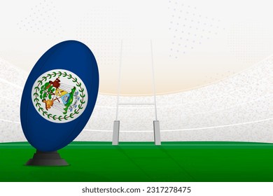 Selección nacional de Belice pelota de rugby en estadio de rugby y puestos de gol, preparándose para un penal o patada libre. Ilustración vectorial.