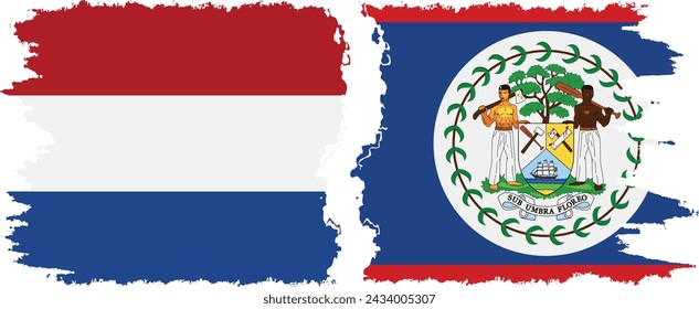 Belize and Netherlands grunge flags connection, vector