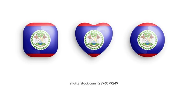 Belize Official National Flag 3D Vector Glossy Icons In Rounded Square, Heart And Circle Shapes Isolated On White. Belizean Sign And Symbols Graphic Design Elements Volumetric Buttons Collection