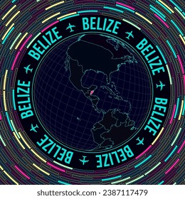 Belize on globe. Satelite view of the world centered to Belize. Bright neon style. Futuristic radial bricks background. Classy vector illustration.