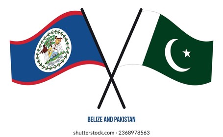 Belize and Pakistan Flags Crossed And Waving Flat Style. Official Proportion. Correct Colors.
