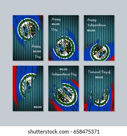 Belize Patriotic Cards for National Day. Expressive Brush Stroke in Flag Colors on dark striped background. Vector Greeting Card.