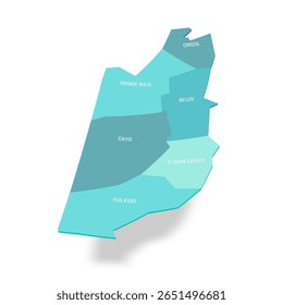 Belize political map of administrative divisions - districts. 3D turquoise vector map with name labels.