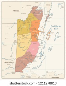 Belize Political Map Retro Color. Detailed Political map of Belize with the capital Belmopan, national borders, most important cities, rivers and lakes.