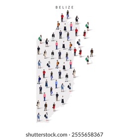 Belize population map. Large group of realistic a diverse crowd of people figures in a shape of Belizean map. Flat vector illustration isolated on white.