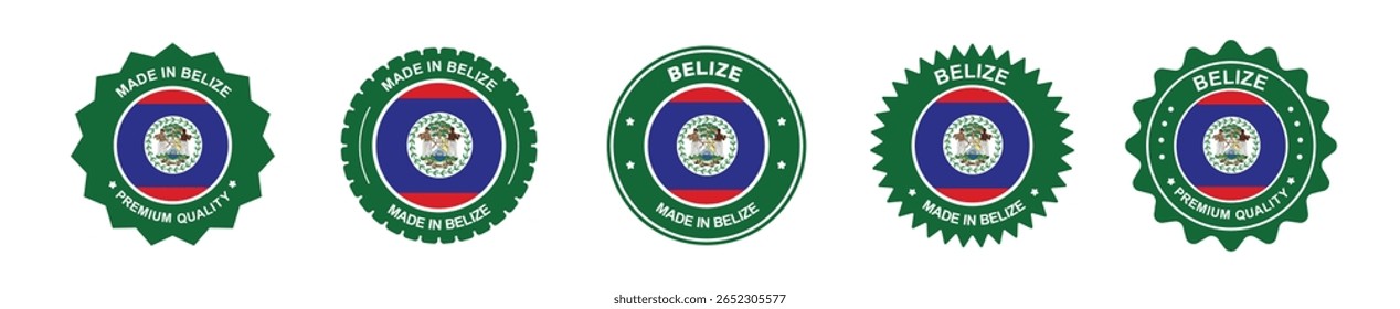 Belize product label set. Belize flag, premium made in Belize. Labels, seals, stamps, flags, icons.
