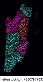 Belize Regions Word Clouds. Bright neon style design on dark background. Region names of the country in English language. Country shape with administrative division. Modern vector illustration.