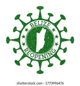 Belize Reopening Stamp. Green round badge of the country with a map of Belize. Country opening after lockdown. Vector illustration.