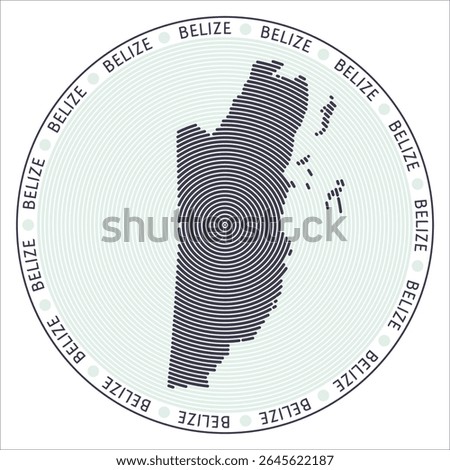 Belize round logo design. Country shape build of rings. Belize text around the country. Vector Illustration.