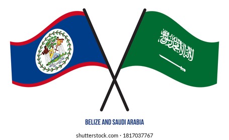Belize and Saudi Arabia Flags Crossed And Waving Flat Style. Official Proportion. Correct Colors.