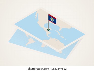 Belize selected on map with isometric flag of Belize. Vector paper map.
