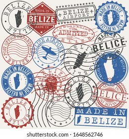 Belize Set of Stamps. Travel Passport Stamps. Made In Product. Design Seals in Old Style Insignia. Icon Clip Art Vector Collection.