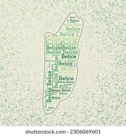 Belize shape whith country names word cloud in multiple languages. Belize border map on artistic triangles scattered around. Classy vector illustration.