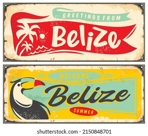 Belize summer holiday destination retro design template. Greetings from Belize creative greeting card souvenir. Vector image.