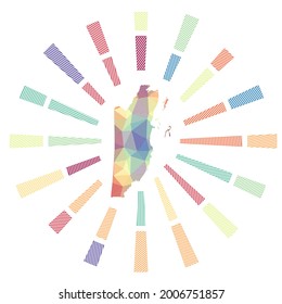 Belize sunburst. Low poly striped rays and map of the country. Attractive vector illustration.