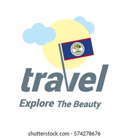 Belize Travel Country Flag Logo. Explore the The Beauty lettering with Sun and Clouds and creative waving flag. travel company logo design - vector illustration