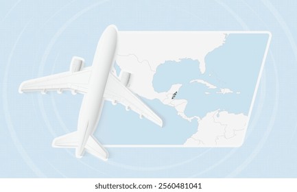 Belize Travel Illustration with Plane and National Flag. Ideal for travel agencies, promotional materials, or geographic content related to Belize.