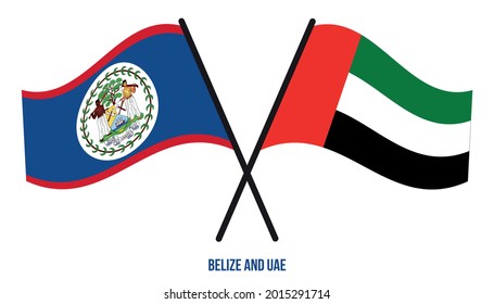 Banderas de Belice y Emiratos Árabes Unidos cruzan y ondean estilo plano. Proporción oficial. Colores correctos.
